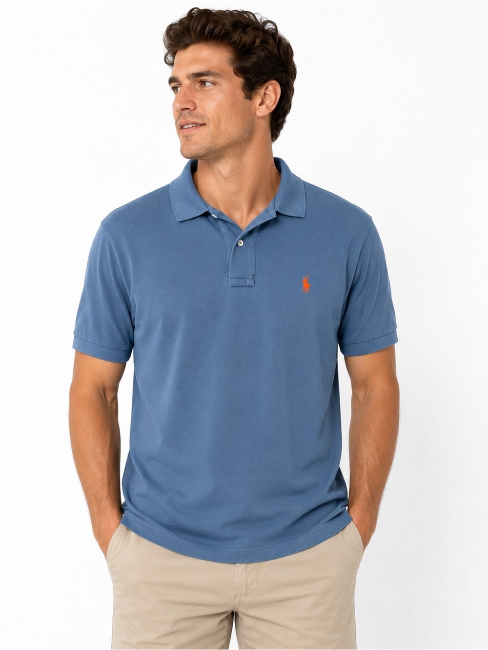Vtg Polo Ralph Lauren Men M Blue Short Sleeve Polo Shirt Orange Pony 100% Cotton